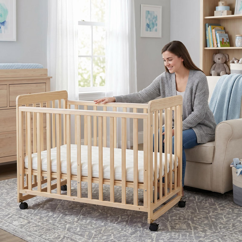Mini lit de bébé 4 en 1 en pin de Nouvelle-Zélande avec matelas, 3 hauteurs réglables et roulettes