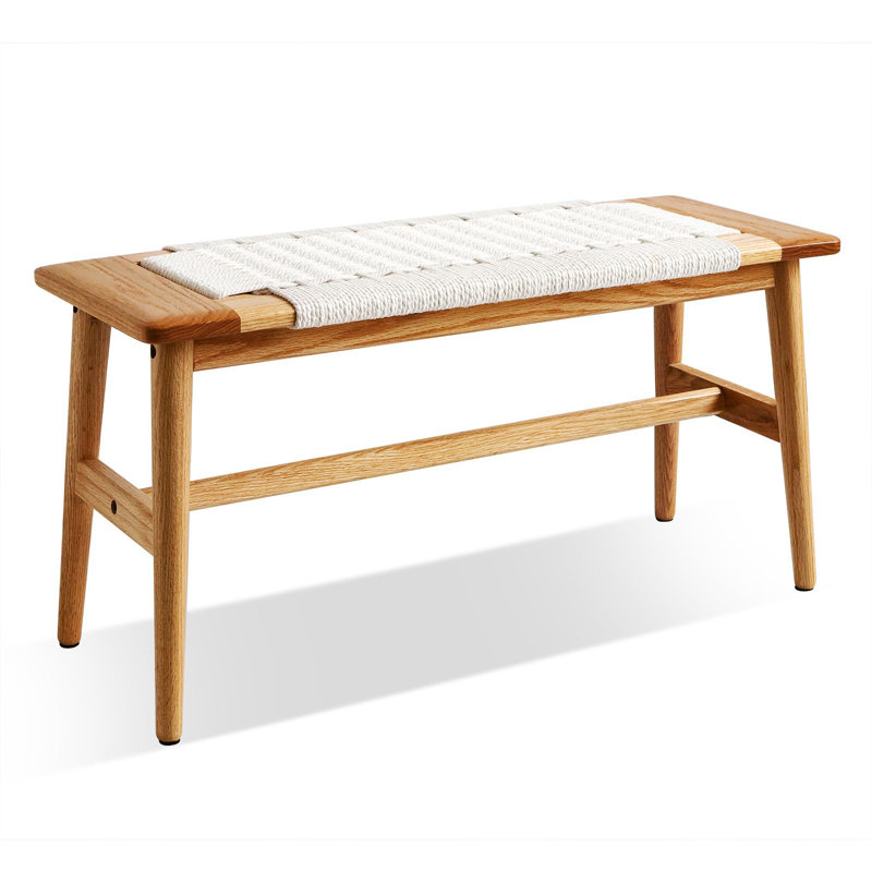 Solid Oak Woven Bench, Farmhouse Style, Multi-Purpose Indoor Use Off-White