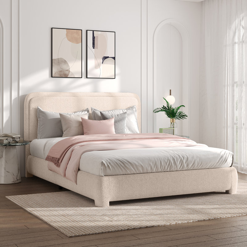 Lit plateforme tapissier Bensu Boucle, Lit double, Crème