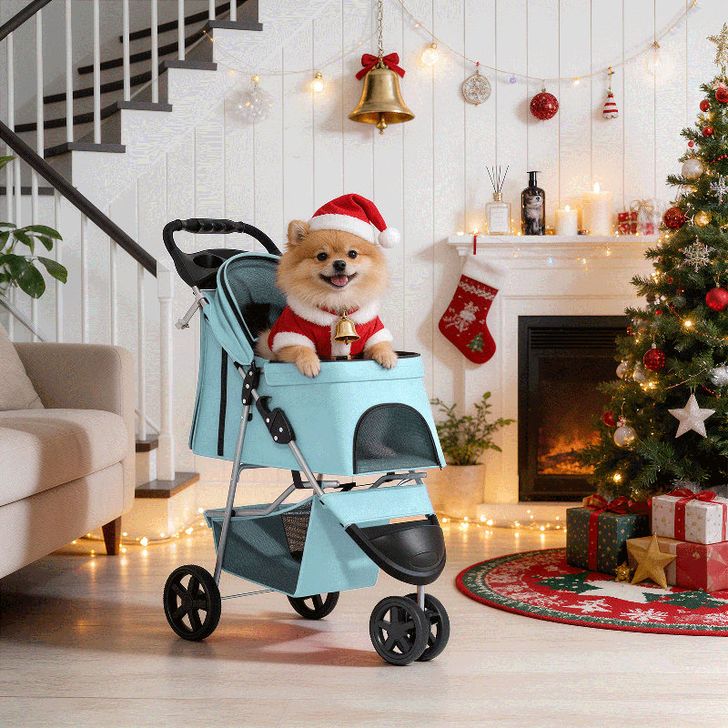 Foldable Pet Stroller, 3 Wheels Folding Carrier Jogger Stroller for Dogs Cats with Canopy and DIY Stickers, Blue/Solid