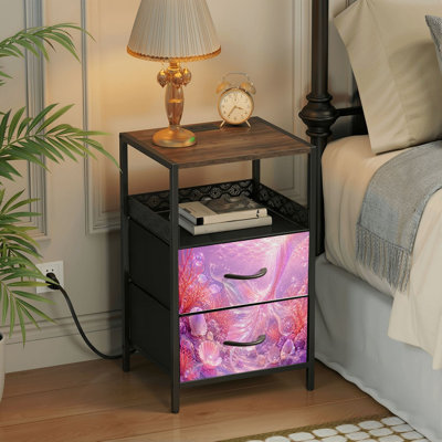 Table de chevet 2 tiroirs avec station de charge, table de chevet de chambre à coucher avec ports USB, tablette ouverte noire, table de chevet avec queue de sirène, scène sous-marine, perles, corail, rose, mauve, imprimé