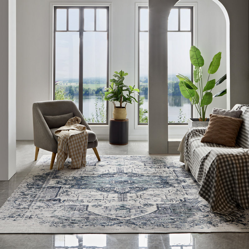 Machine Washable Oriental Blue/Green/Gray Area Rug, Rectangle 2' x 3'