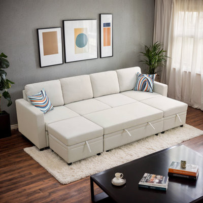 102" 6-Pieces Convertible Sofa Couch With Pull Out Bed And Storage by Latitude Run