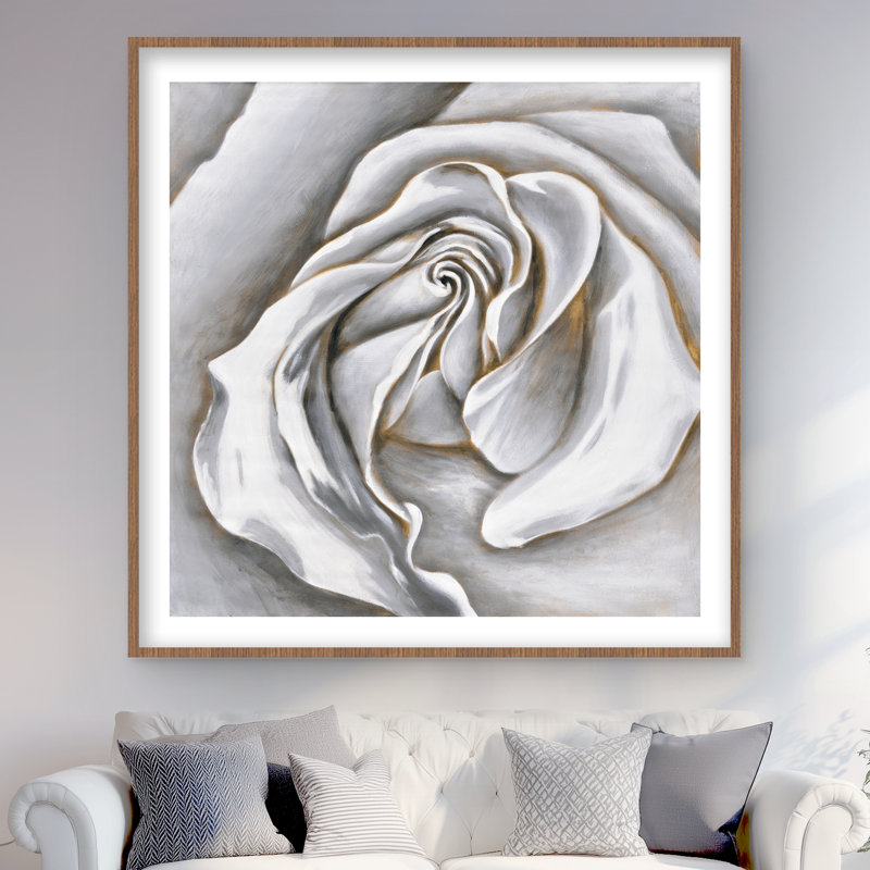 Blanc blanc délicat - impression florale romantique encadrée pour la décoration, H 48 po x l 48 po