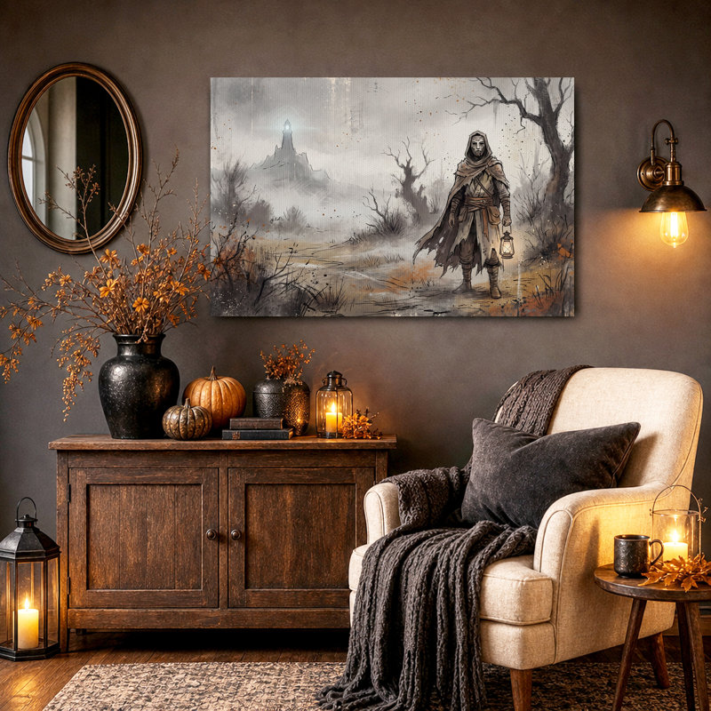 Art mural sur toile à capuche avec lanterne dans la forêt brumeuse d'Halloween, H 32 po x l 48 po