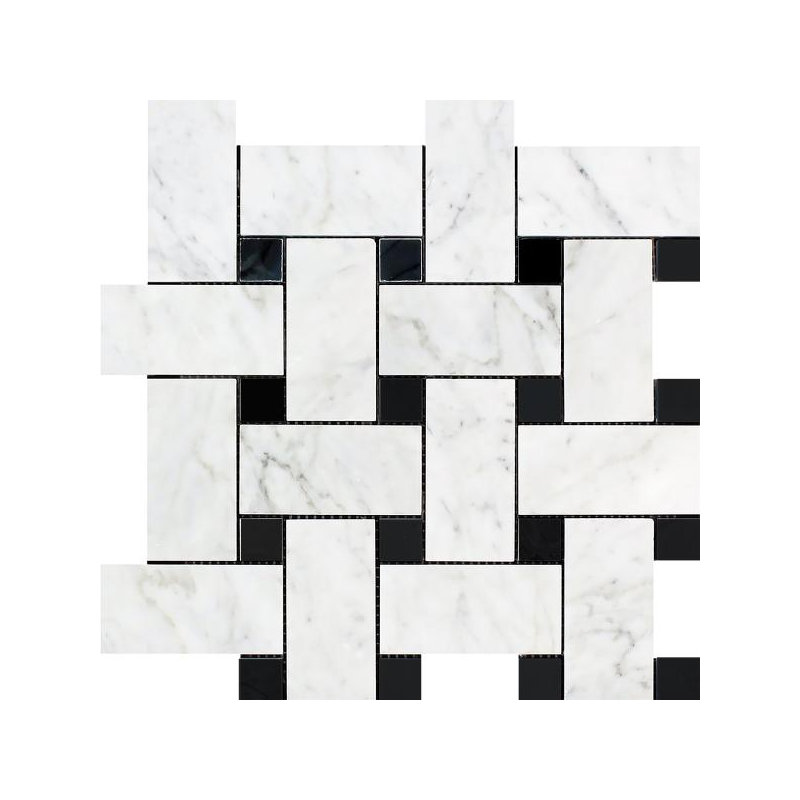 12" x 12" Marble Basketweave Mosaic Tile, White/Black
