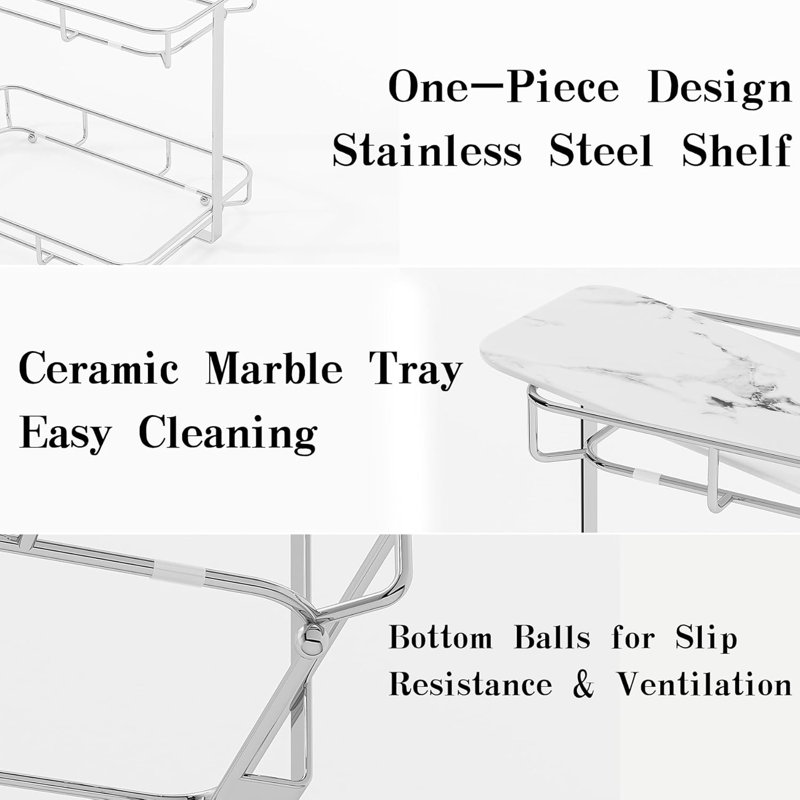 Étagère de rangement de maquillage à 3 niveaux pour salle de bain avec cadre en acier inoxydable et plateaux en céramique de marbre - plateau de meuble-lavabo compact pour commode ou lavabo
