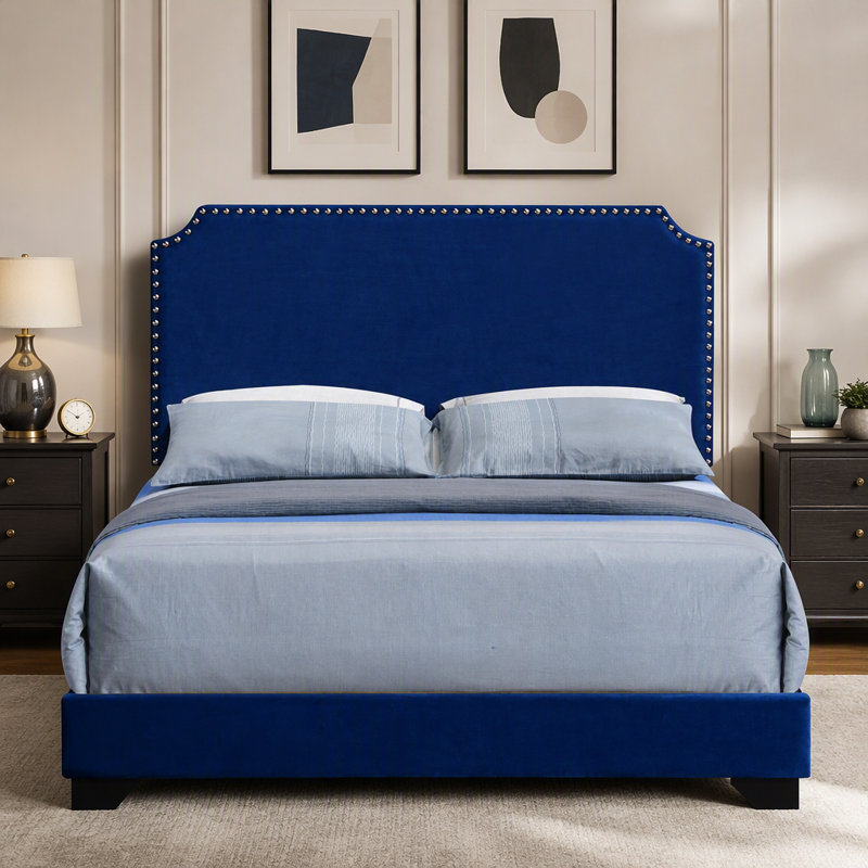 Blue Queen Panel Bed With Scooped Headboard