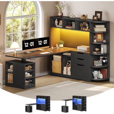 Bureau assis-debout en forme de L de 150 cm avec rangement, étagères, prise électrique et éclairage DEL