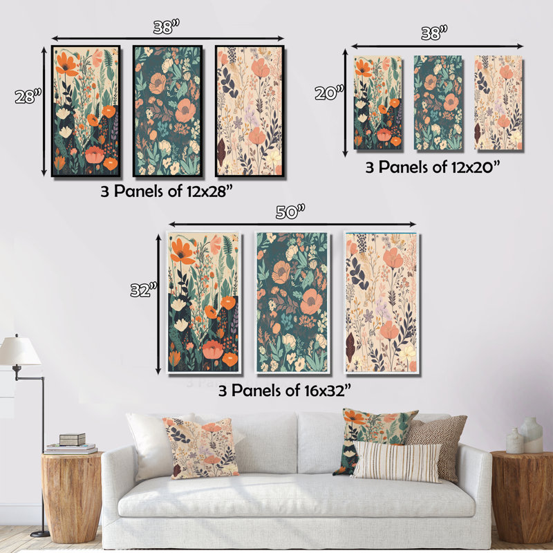 «Fleurs sauvages rétro en pastel rétro II», 3 pièces, Cadre flottant noir, H 40 po x l 60 po