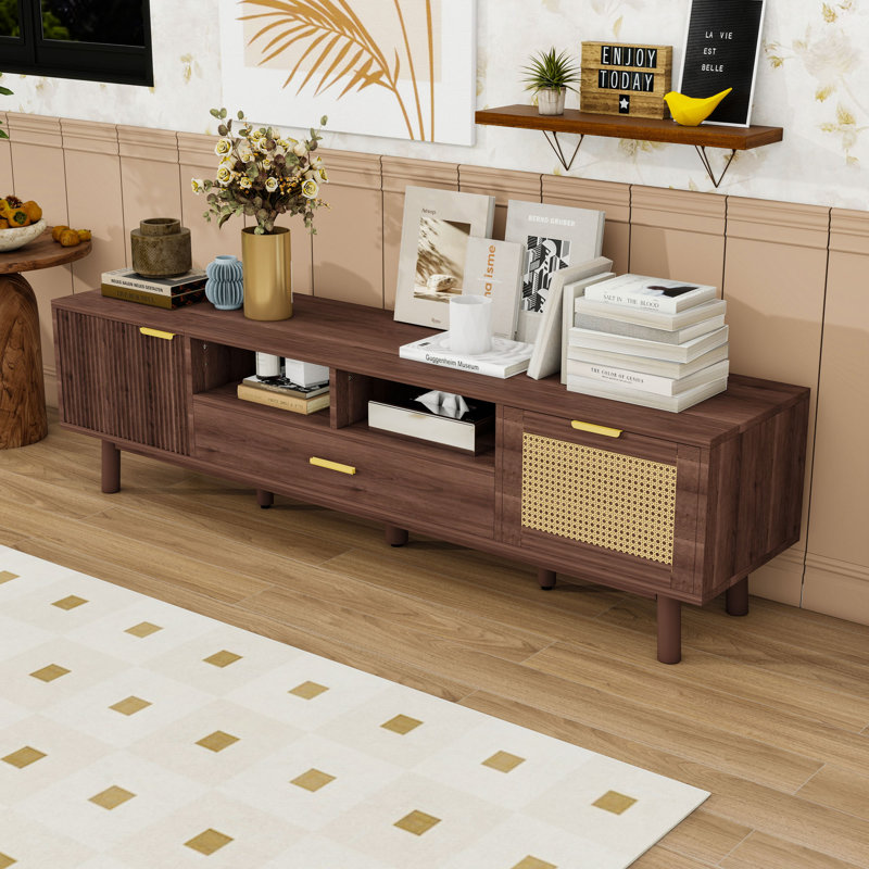 Stylish TV Stand with Solid Wood Legs, Soft-Close Storage and Drop-Down Storage for TVs up to 75"