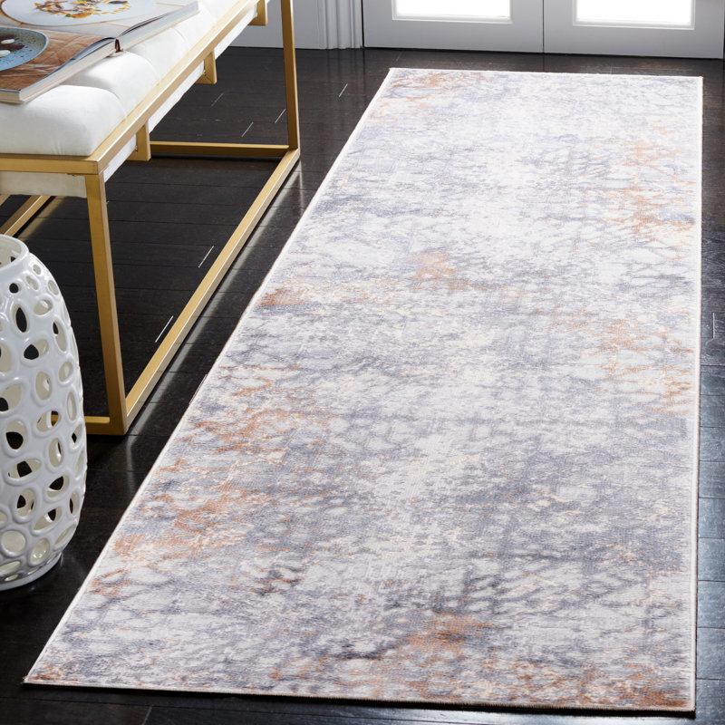 Tapis géométrique en polyester / polypropylène tissé à la machine en gris / ivoire, Tapis de couloir 2 pi 2 po x 8 pi