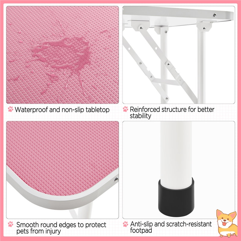 Pink Foldable Dog Grooming Table with Adjustable Arm and Noose