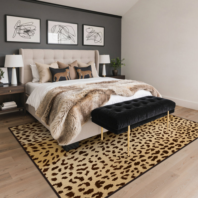 Sylvan Animal Leopard Print Machine Washable Black / Orange / Yellow Indoor Area Rug with Non-Slip Backing, Black/Yellow