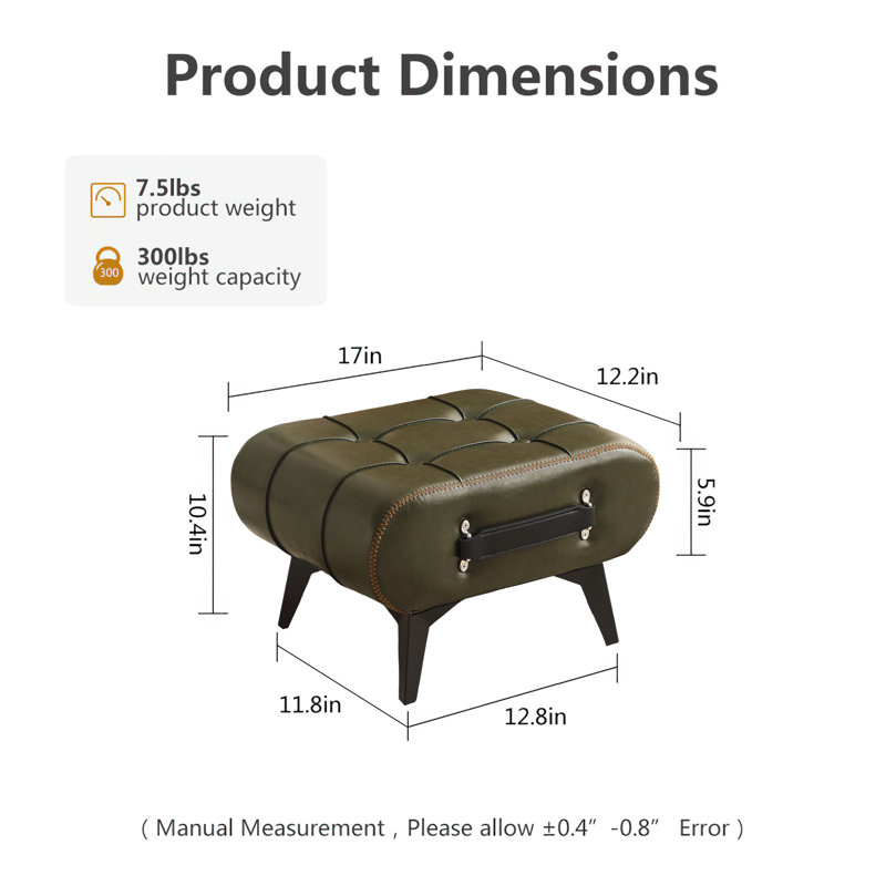 Faux Leather Handable Upholstery Ottoman，Foot Rest Footstool，Accent Stool for Home Deco, Green