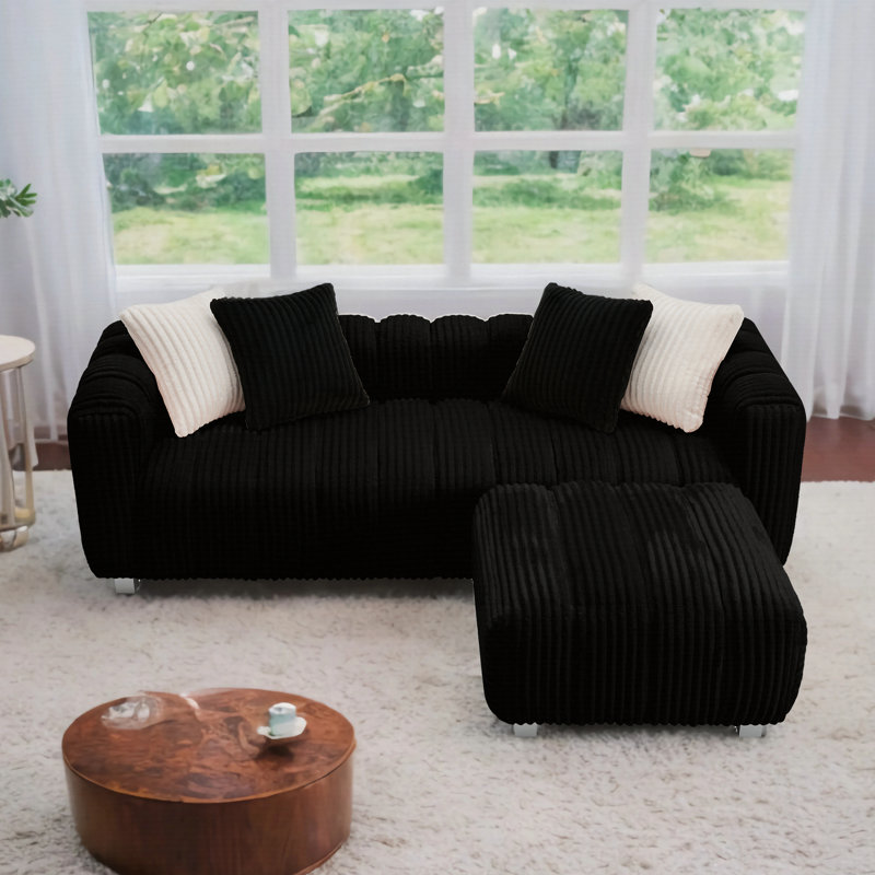Canapé en velours côtelé avec repose-pieds et coussins Défino, Vert, 24.41" H x 114.17" W x 64" D