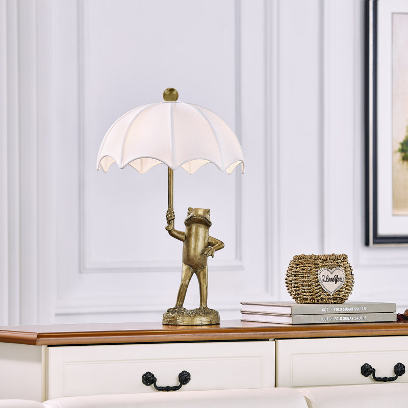 23" Gold Resin Frog Table Lamp With Linen Umbrella Shade, White, Gold