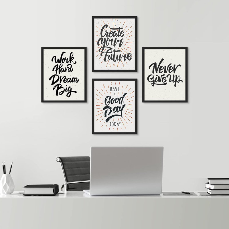 " Stylish Good Day Inspirational Motivational Set Of 4 Word Art Wall Decor Framed Prints " 4 - Pieces, Black