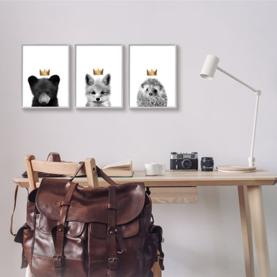 " Woodland Animals Bold Crowns Black Bear Fox Hedgehog " by Leah Straatsma 3 - Pieces