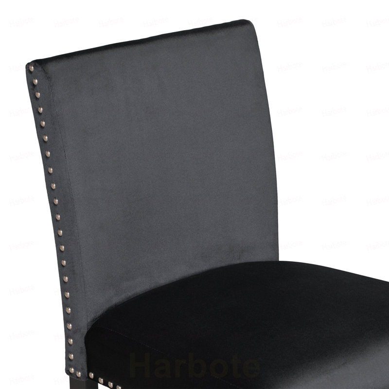 Ensemble de salle à manger 5 pièces avec table haute, comprenant une table à manger avec dessus en faux marbre et quatre chaises recouvertes de velours, noir.