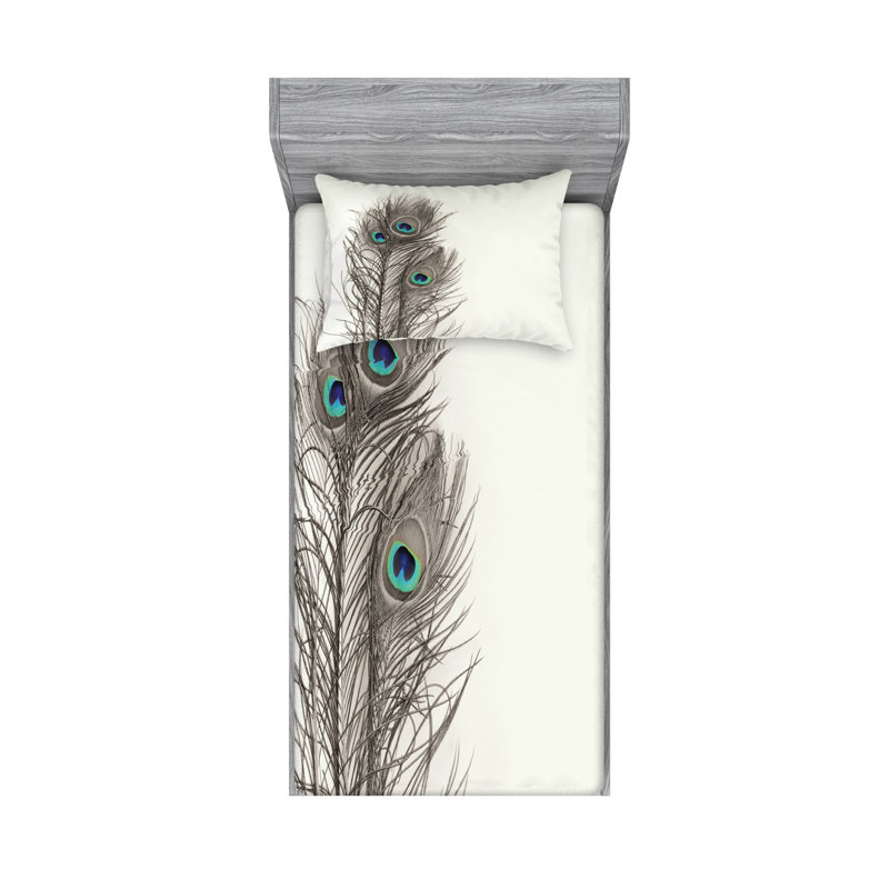 White and Taupe Microfiber Twin XL Peacock Print Sheet Set