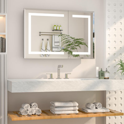 30"-40"W x 24"H Recessed or Surface Mount Aluminum Beveled Frameless Medicine Cabinet With Mirrored Door and Adjustable Shelves