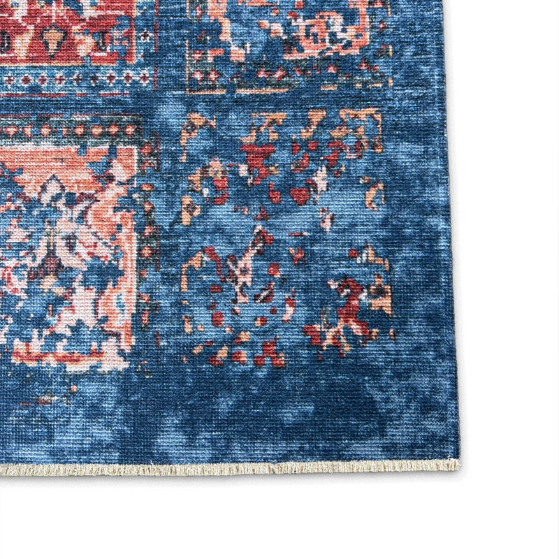 Kilim anti-dérapant bleu en coton chenille multicolore, Rectangle 6 pi 7 po x 8 pi 3 po