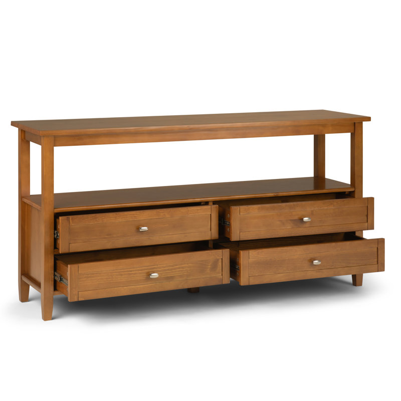 Warm Shaker 60"W Solid Wood Transitional Sofa Table with 4 Drawers, Open Shelf and Brushed Nickel Knobs, Light Golden Brown