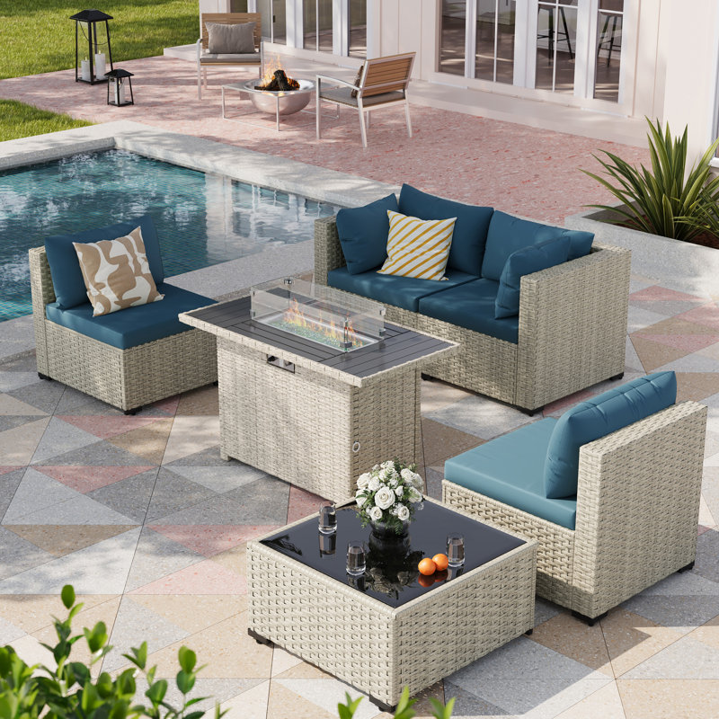 Ensemble de conversation pour patio 5 pièces en rotin avec foyer, Bleu paon