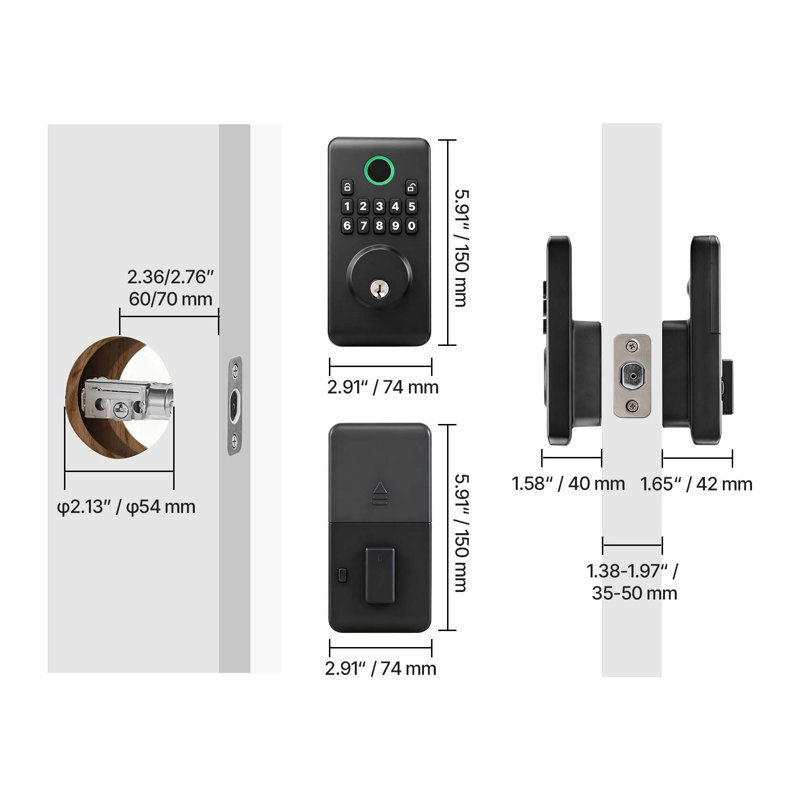 Serrure de porte électronique à pêne dormant noir mat avec clavier, système d'entrée sans clé avec verrouillage automatique, code anti-espionnage et clés de secours pour usage résidentiel