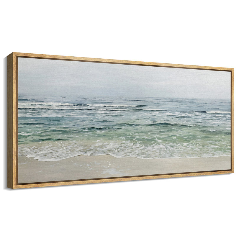 Serene Coastal Waves on Sandy Beach - Pictures Extra Large Framed Canvas Print Wall Art, Natural Floater Framed