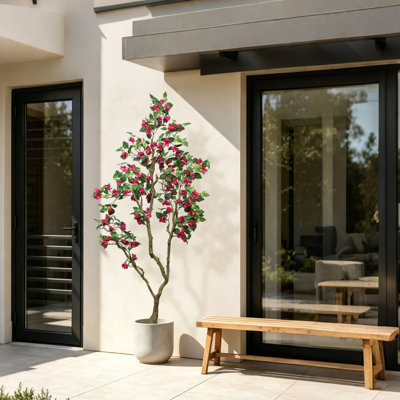 Ficus artificiel de 2,13 m de hauteur avec des fleurs rouges réalistes