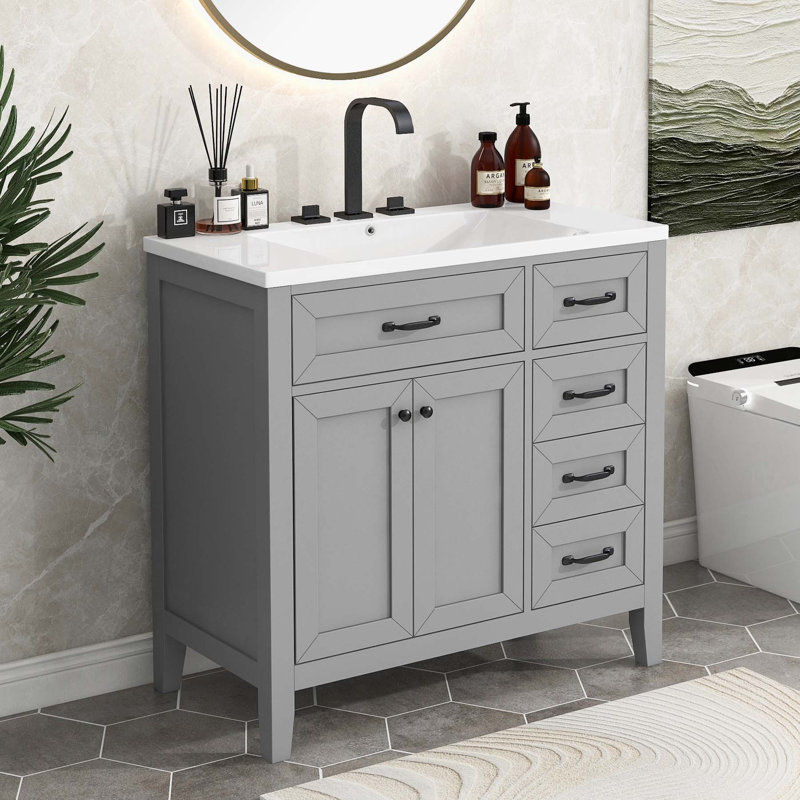 35.98'' Single Bathroom Vanity with Ceramic Top, Gray