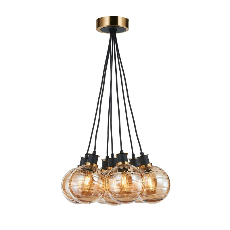 Lustre 7 lumières Rickey - noir - laiton brossé - verre Rickey, Ambre
