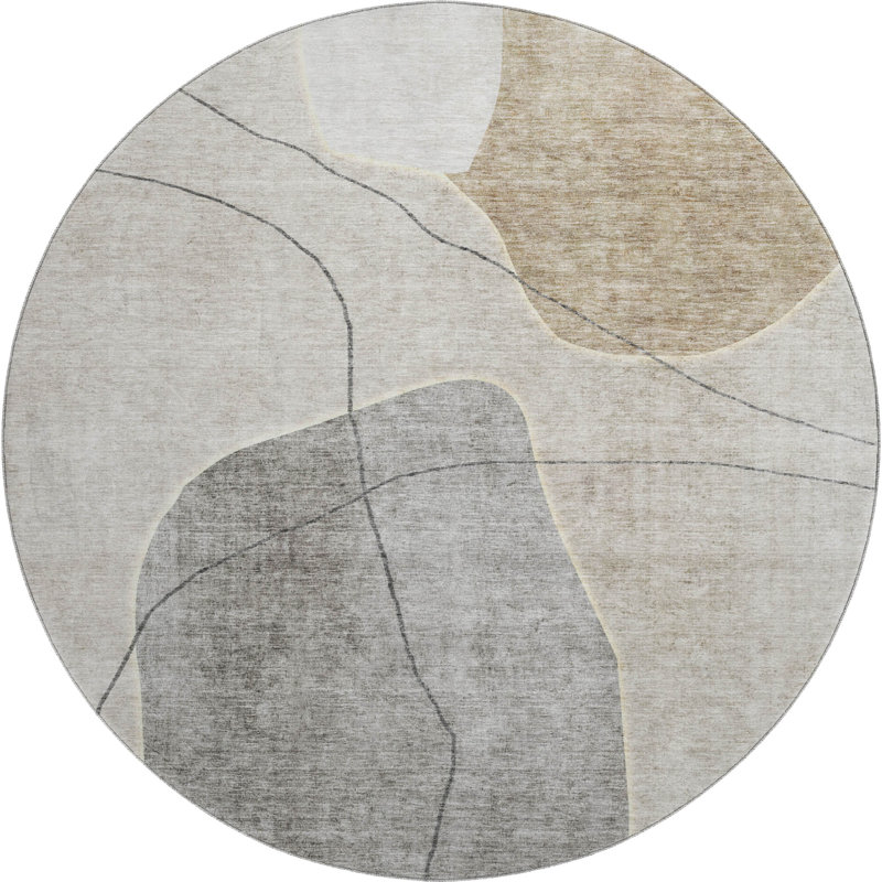 Tapis beige Prisco lavable à la machine de qualité supérieure, Rond 8 pi