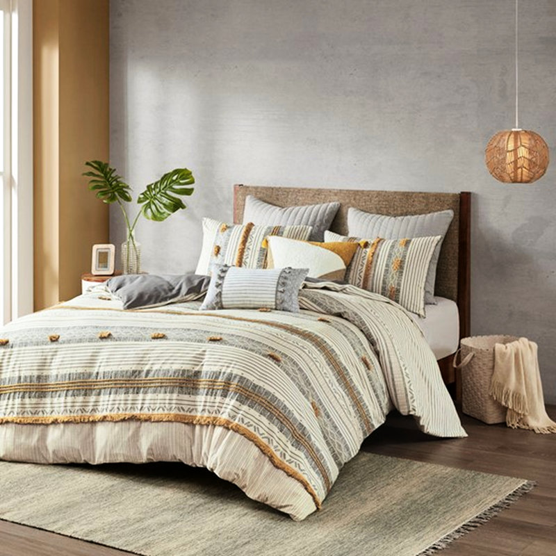 Housse de couette en coton pour lit très grand / très grand avec motif à rayures grises / jaunes doux au toucher