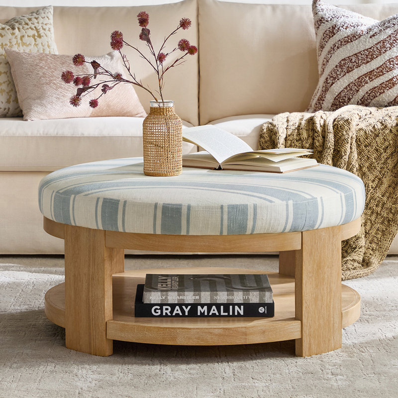Kat Modern 40" Round Cocktail Ottoman with Solid Wood Legs, Strip
