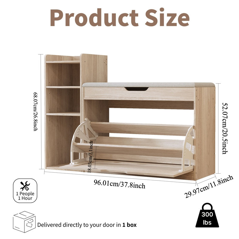 37.8" Shoe Storage Bench With Cushion, Flip-top Shoe Cabinet With Adjustable Shelves And Side Storage Compartment, Modern Narrow Shoe Organizer For Entryway