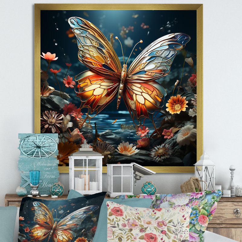 Envol de papillon sur toile, H 16 po x l 16 po x P 1 po, Cadre doré simple