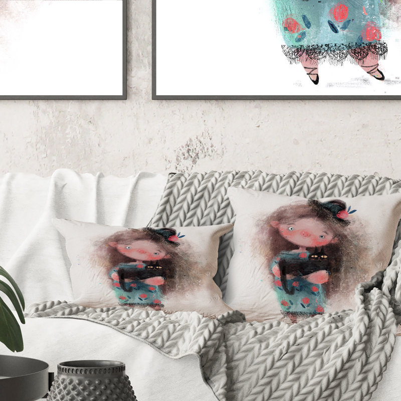 Mignonne petite fille avec un chapeau et un chat noir - Coussin décoratif pour enfants, 16 po x 16 po