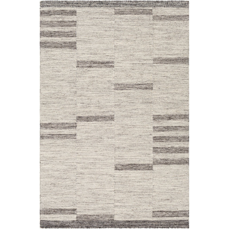 Tapis rayé ivoire / gris anthracite en laine tissé à plat à la main, Rectangle 2 pi x 3 pi