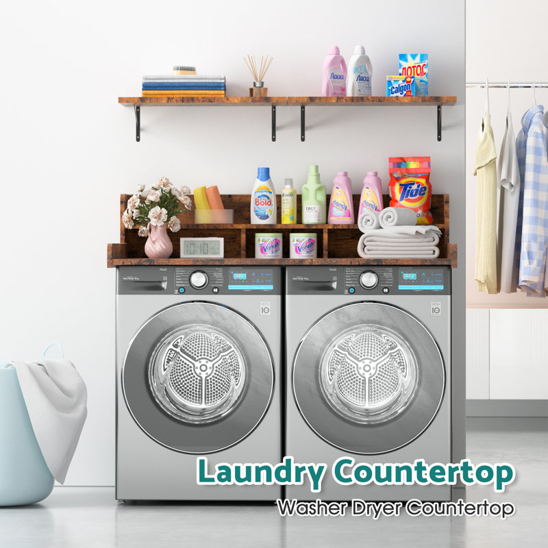 Waterproof Wooden Washer Dryer Countertop with Wall Shelves Set, Brown