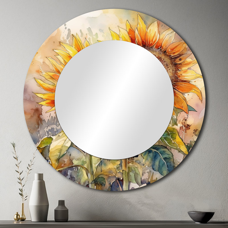 Paal jaune tournesol symphonie III - grand miroir mural tournesol, miroir rond jaune unique, reproduction d'art en métal