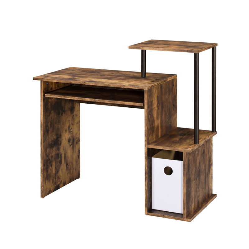 Bureau d'ordinateur en chêne vieilli et noir avec plateau pour clavier