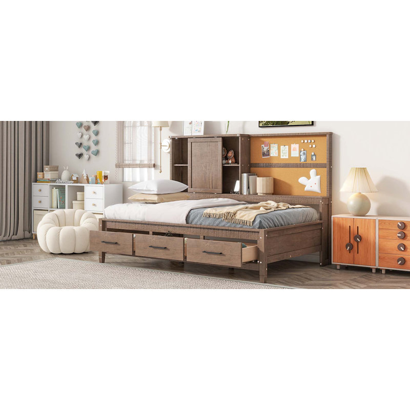 Twin Size Lounge Daybed With Storage Shelves,Cork Board,USB Ports And 3 Drawers, Brown
