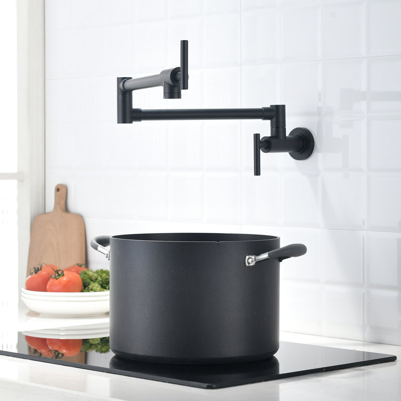 Kitchen Wall Mount Faucet - Brass Pot Filler, Black, 360 Rotation Double Joint Arms Commercial, Black With Stretchable