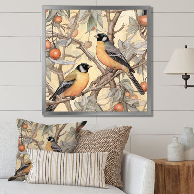 Orange orange, oiseaux noirs sur arbres IV, reproduction sur toile