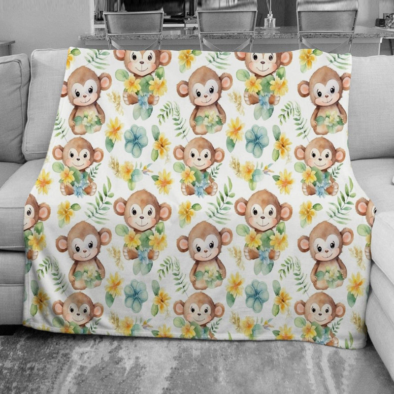 Monkey Animal Brown Machine Printed Throw Blanket, Throw