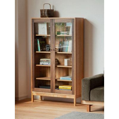Modern Red Oak Display Cabinet with Glass Doors