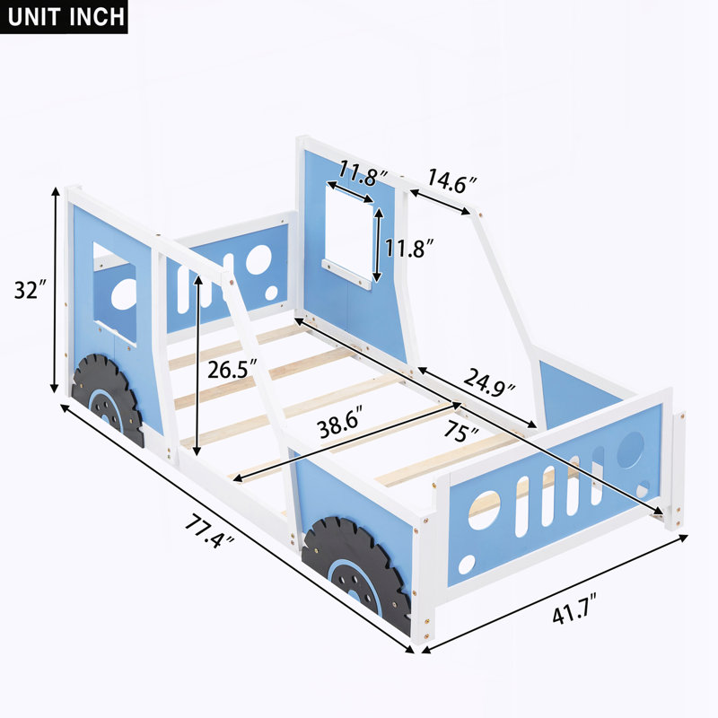 Lit plateforme classique en forme de voiture, Bleu, Lit simple
